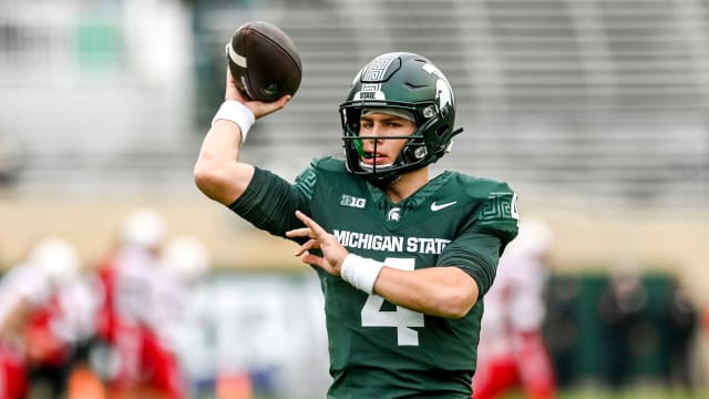 Michigan State's Sam Leavitt throws a pass before the football game against Nebraska on Saturday, Nov. 4, 2023, at Spartan Stadium in East Lansing.